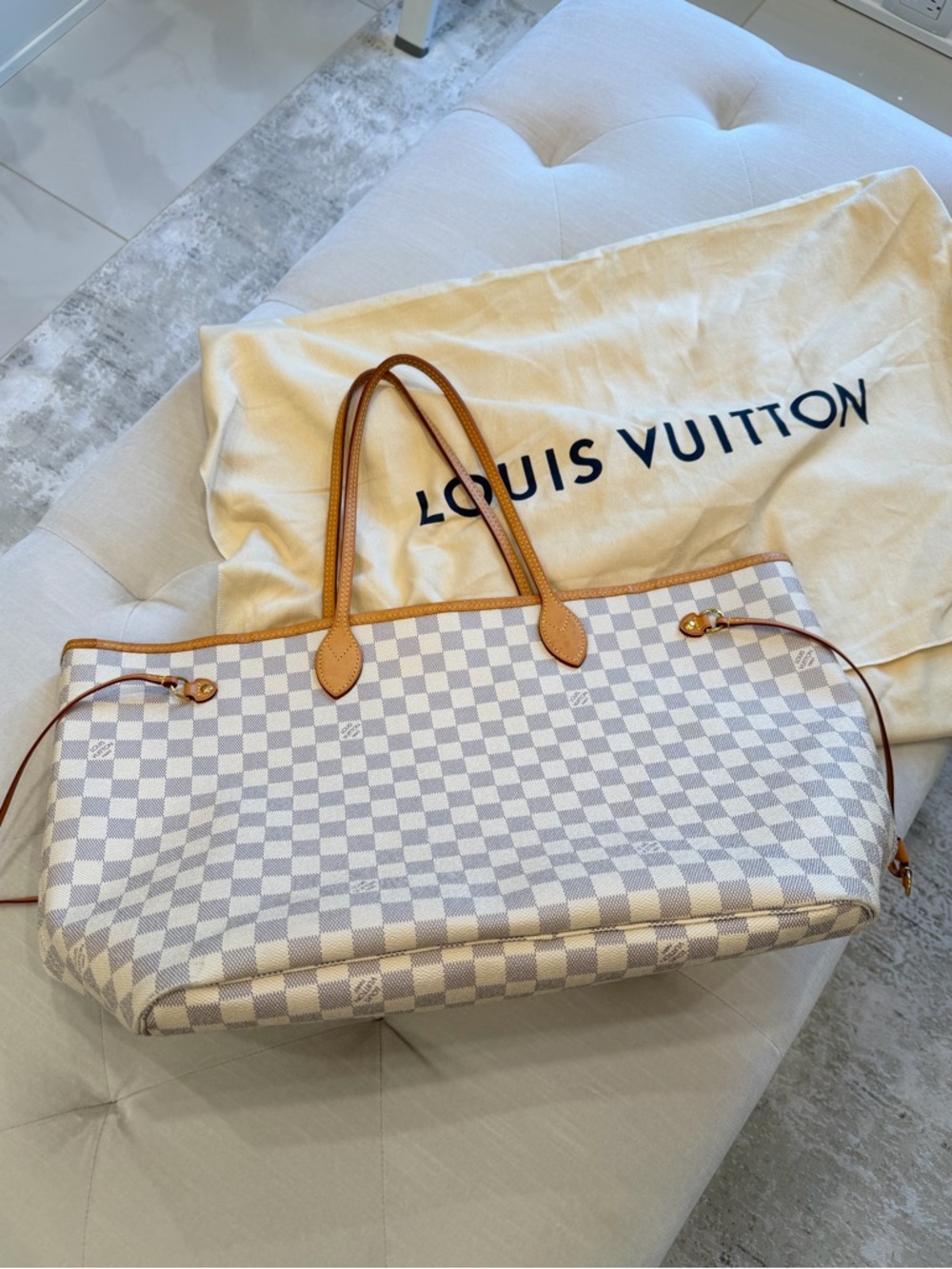 LOUIS VUITTON DAMIER AZUR CANVAS NEVERFULL GM IN WHITE/TAN- EXCELLENT CONDITION